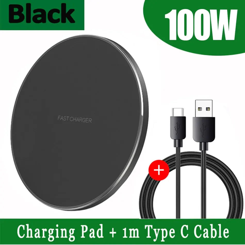 Fast Wireless Phone Charger - 100W Charger with Indicator, Black Charging Pad With Light Up LED Rim for iPhone 11, 12, 13, 14, Pro, Pro Max, Plus, SE Samsung Galaxy Xiaomi Google Pixel