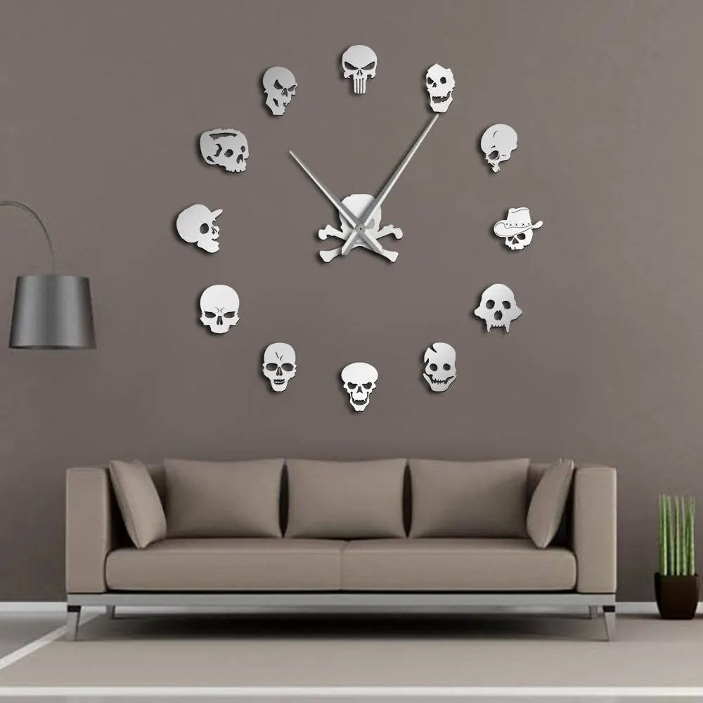 Giant Frameless DIY Skull Clock Set - 13 Piece Horror Wall Art Home Decoration, Skull and Crossbones Needle Hand