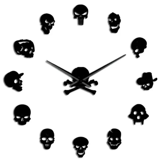 Giant Frameless DIY Skull Clock Set - 13 Piece Horror Wall Art Home Decoration, Skull and Crossbones Needle Hand