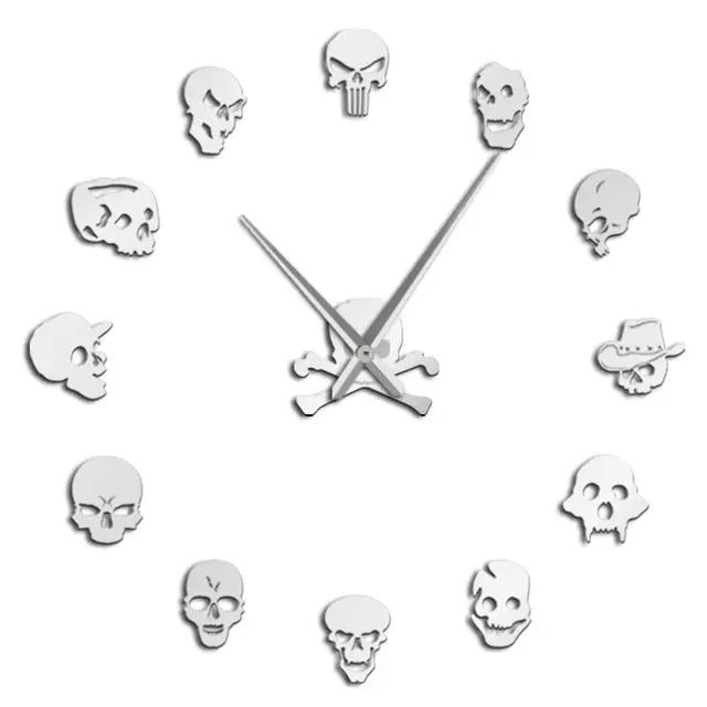 Giant Frameless DIY Skull Clock Set - 13 Piece Horror Wall Art Home Decoration, Skull and Crossbones Needle Hand