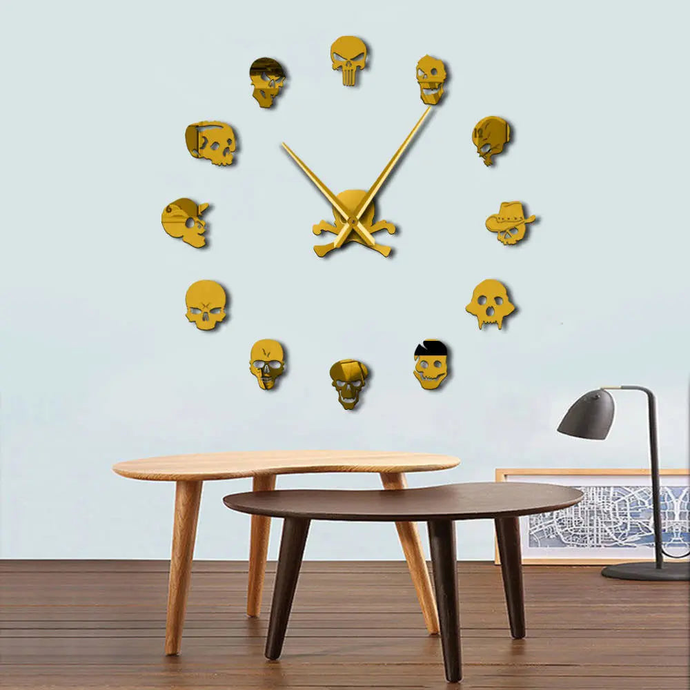 Giant Frameless DIY Skull Clock Set - 13 Piece Horror Wall Art Home Decoration, Skull and Crossbones Needle Hand