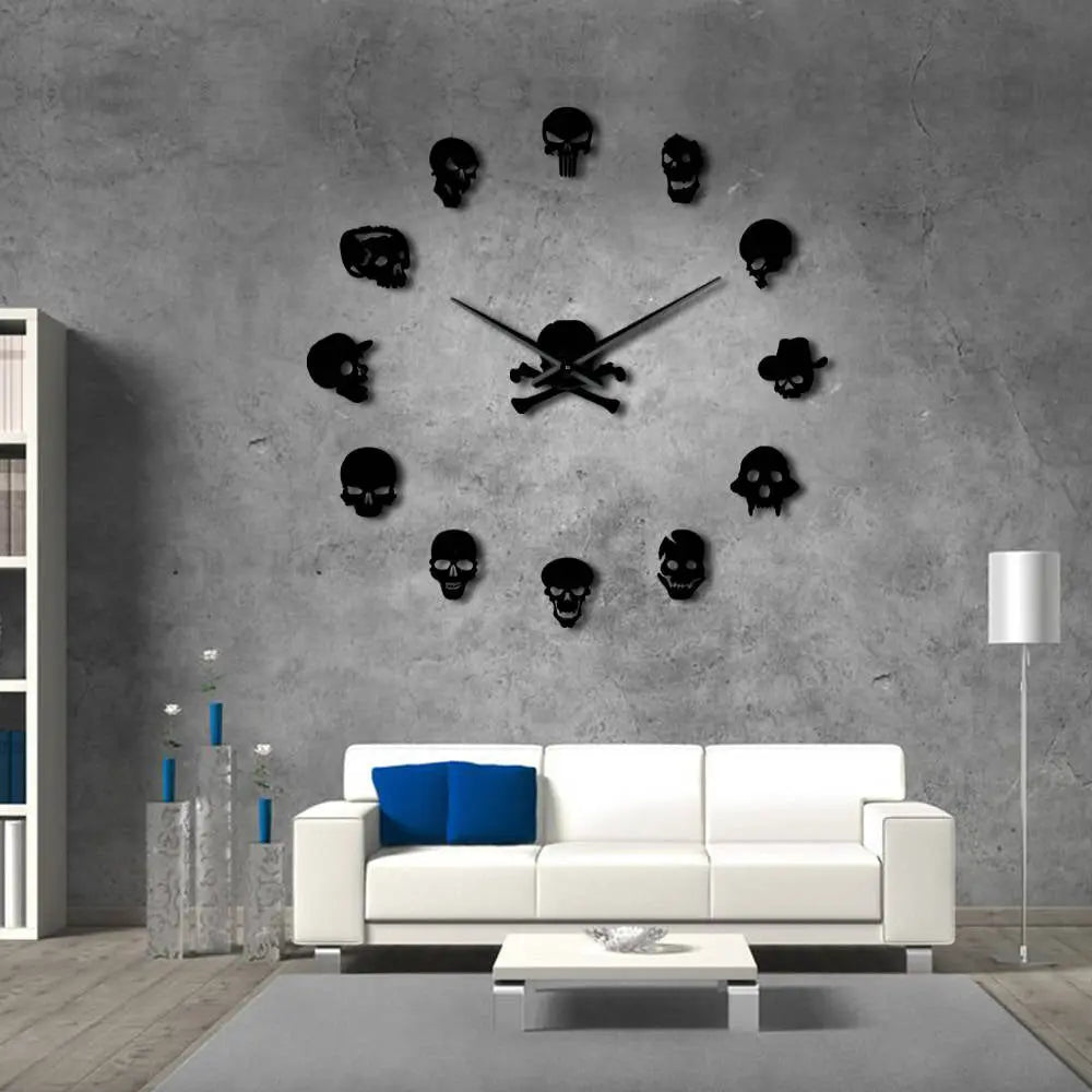 Giant Frameless DIY Skull Clock Set - 13 Piece Horror Wall Art Home Decoration, Skull and Crossbones Needle Hand