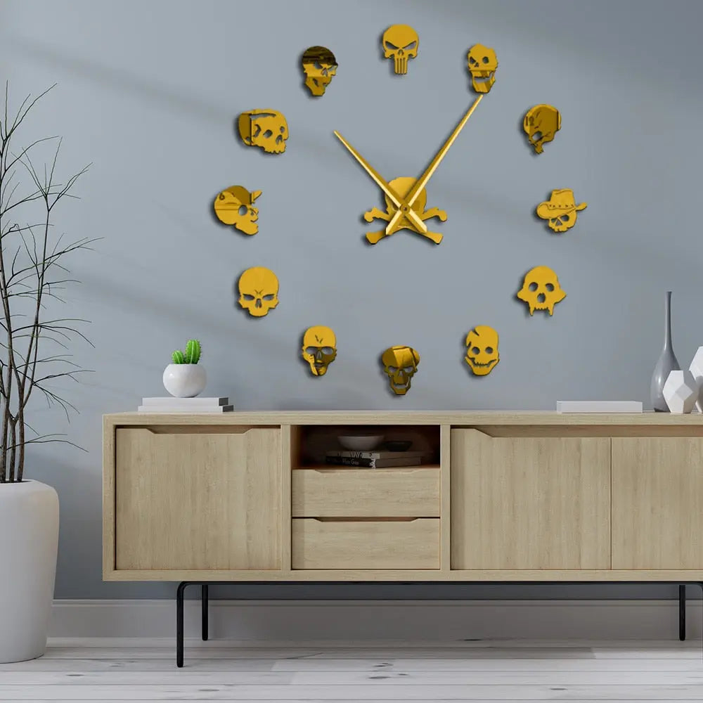 Giant Frameless DIY Skull Clock Set - 13 Piece Horror Wall Art Home Decoration, Skull and Crossbones Needle Hand