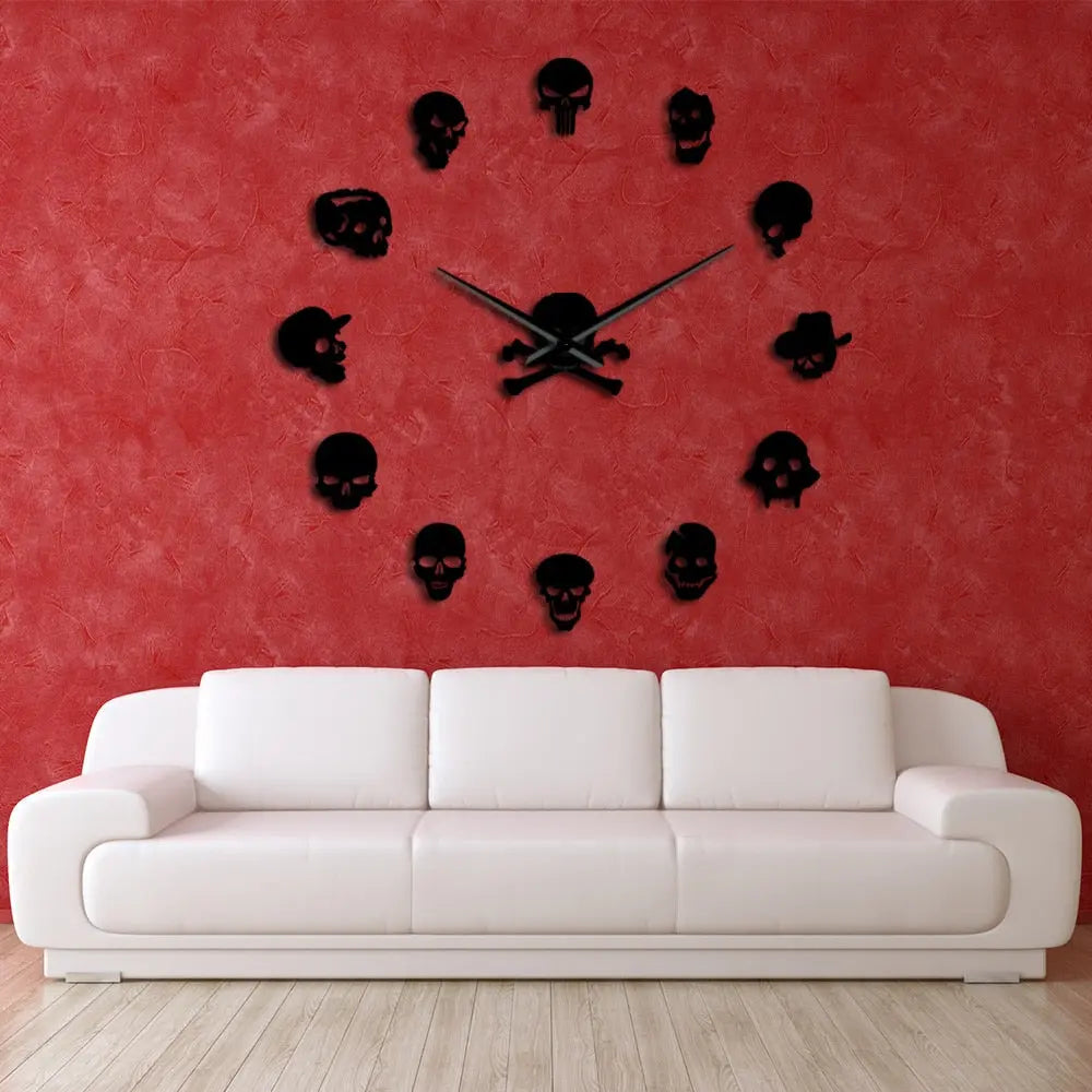 Giant Frameless DIY Skull Clock Set - 13 Piece Horror Wall Art Home Decoration, Skull and Crossbones Needle Hand