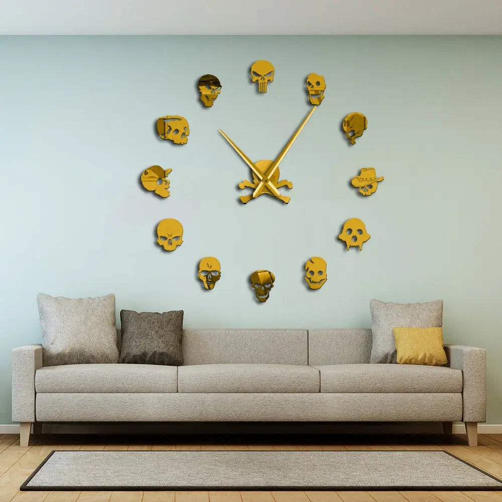 Giant Frameless DIY Skull Clock Set - 13 Piece Horror Wall Art Home Decoration, Skull and Crossbones Needle Hand