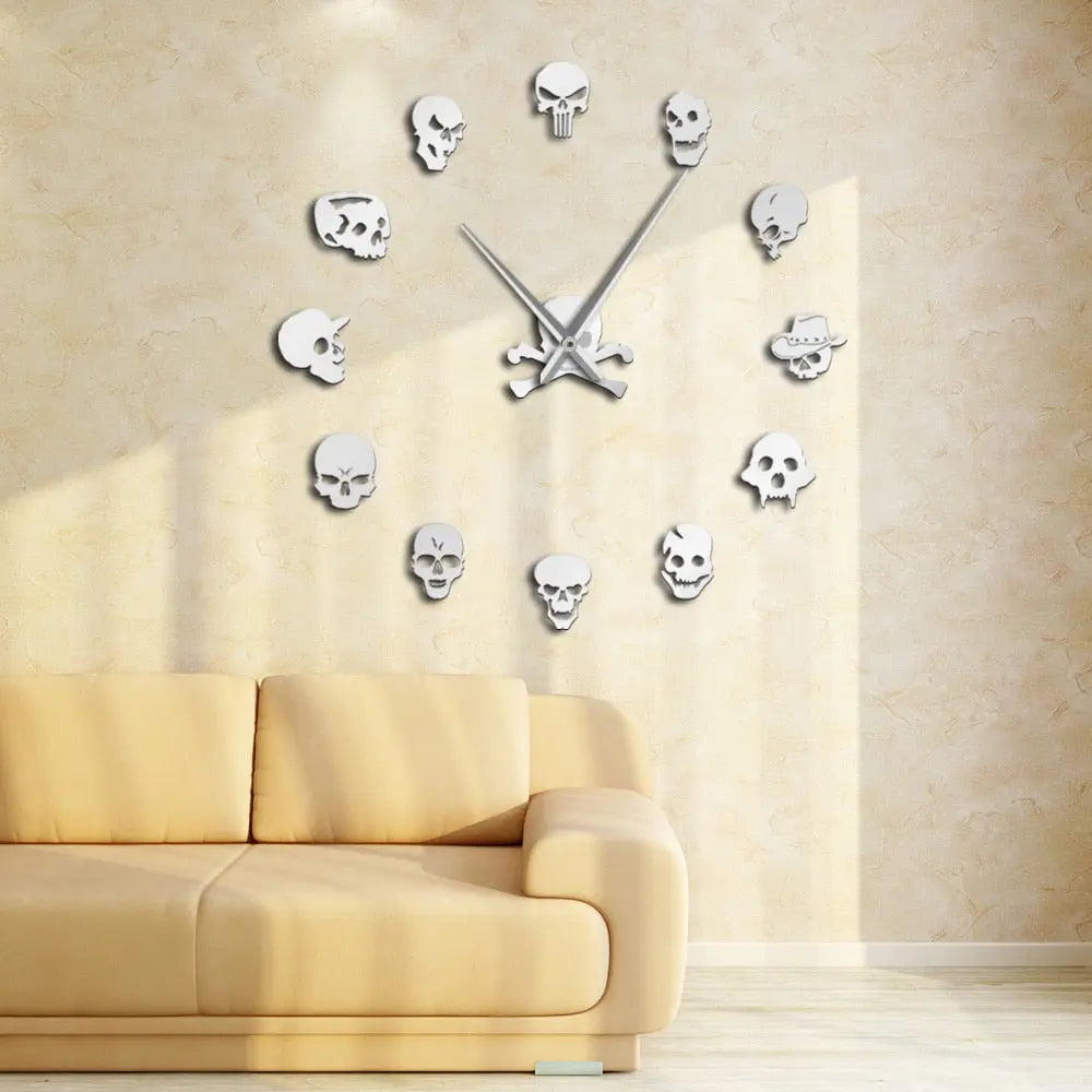 Giant Frameless DIY Skull Clock Set - 13 Piece Horror Wall Art Home Decoration, Skull and Crossbones Needle Hand