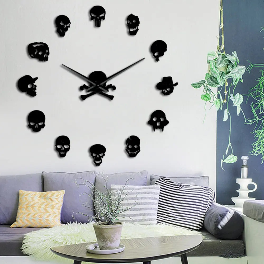 Giant Frameless DIY Skull Clock Set - 13 Piece Horror Wall Art Home Decoration, Skull and Crossbones Needle Hand