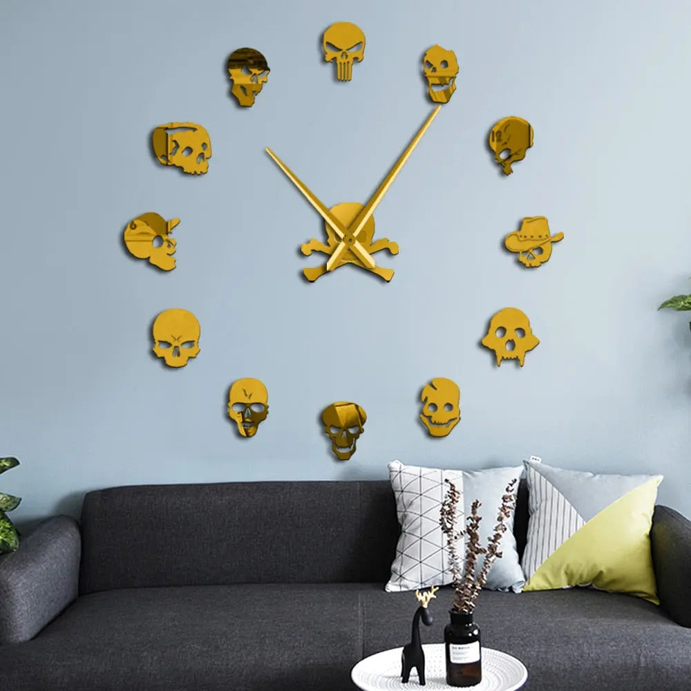 Giant Frameless DIY Skull Clock Set - 13 Piece Horror Wall Art Home Decoration, Skull and Crossbones Needle Hand