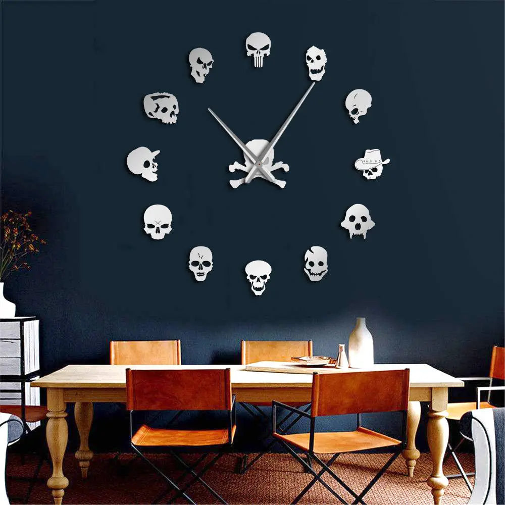 Giant Frameless DIY Skull Clock Set - 13 Piece Horror Wall Art Home Decoration, Skull and Crossbones Needle Hand