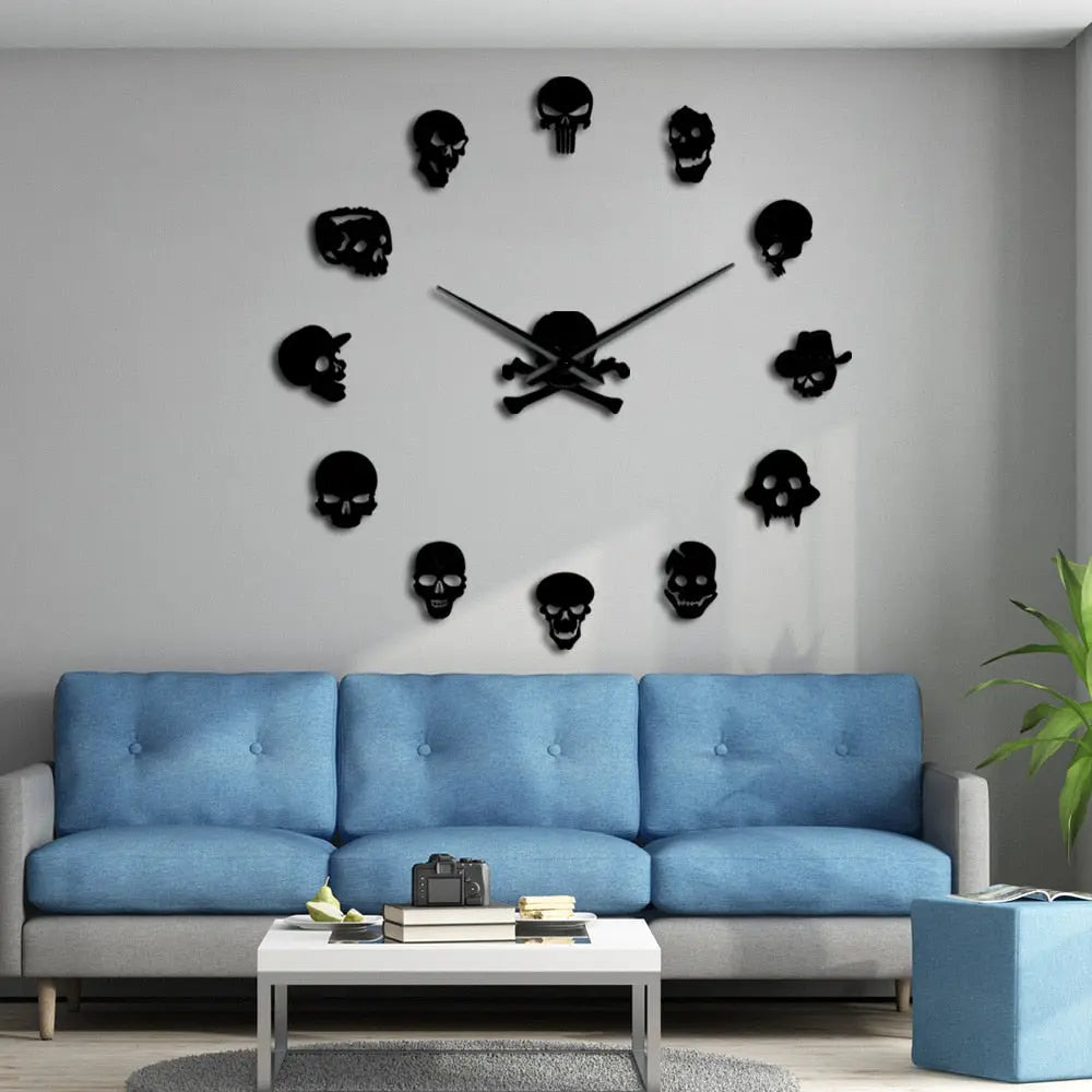 Giant Frameless DIY Skull Clock Set - 13 Piece Horror Wall Art Home Decoration, Skull and Crossbones Needle Hand