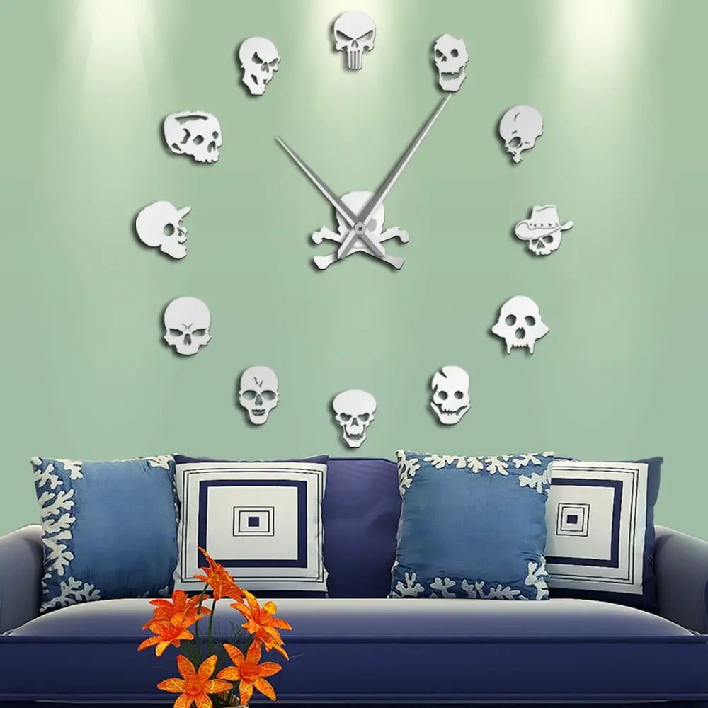 Giant Frameless DIY Skull Clock Set - 13 Piece Horror Wall Art Home Decoration, Skull and Crossbones Needle Hand