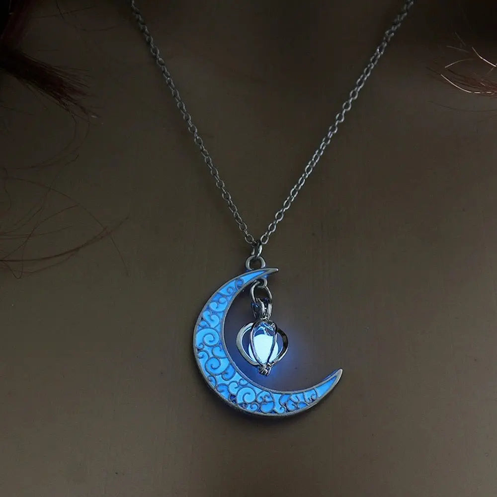 Lunar Light - Glow In the Dark Silver Crescent Moon Necklace with Glowing Lamp Charm