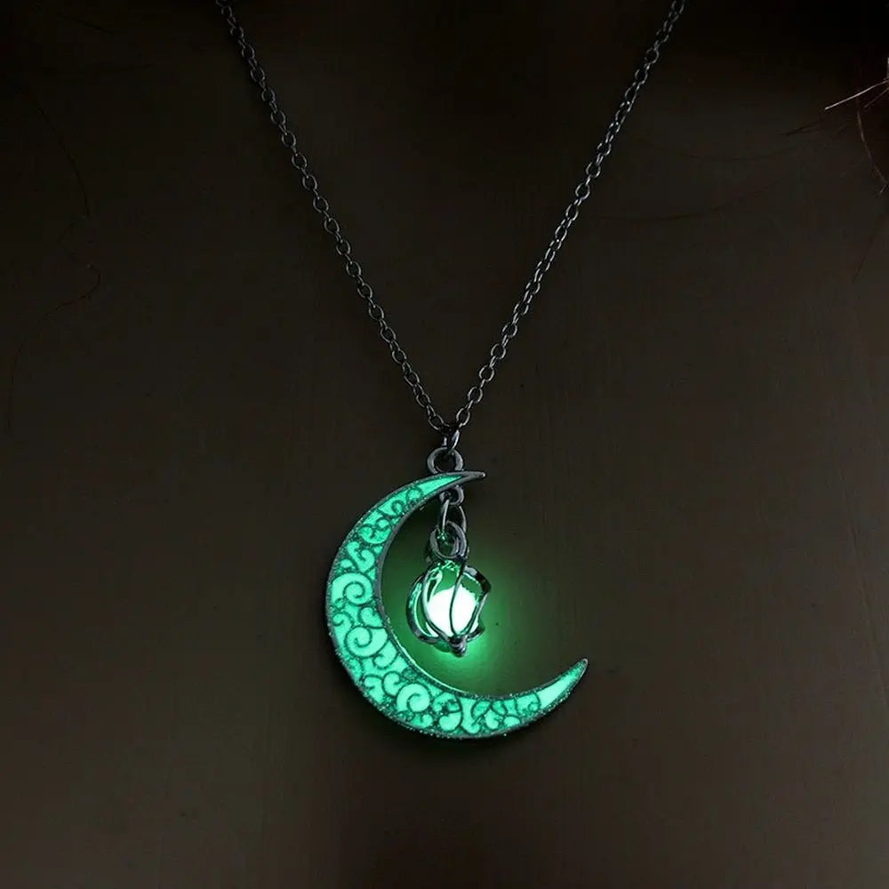 Lunar Light - Glow In the Dark Silver Crescent Moon Necklace with Glowing Lamp Charm