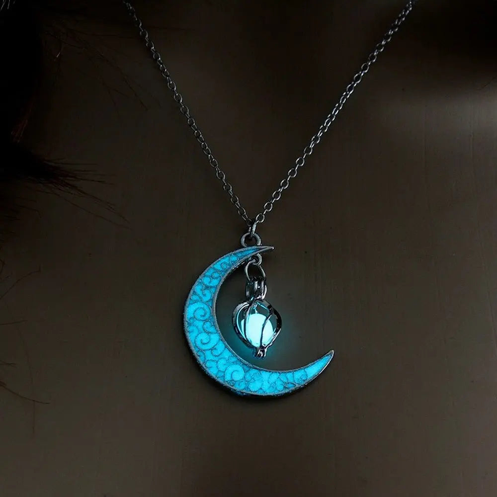 Lunar Light - Glow In the Dark Silver Crescent Moon Necklace with Glowing Lamp Charm