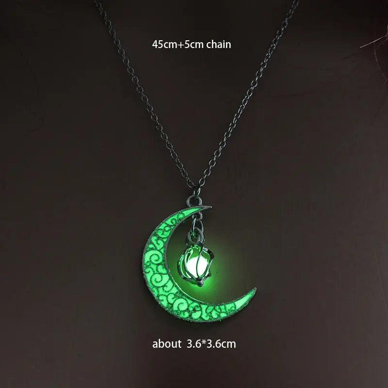 Lunar Light - Glow In the Dark Silver Crescent Moon Necklace with Glowing Lamp Charm