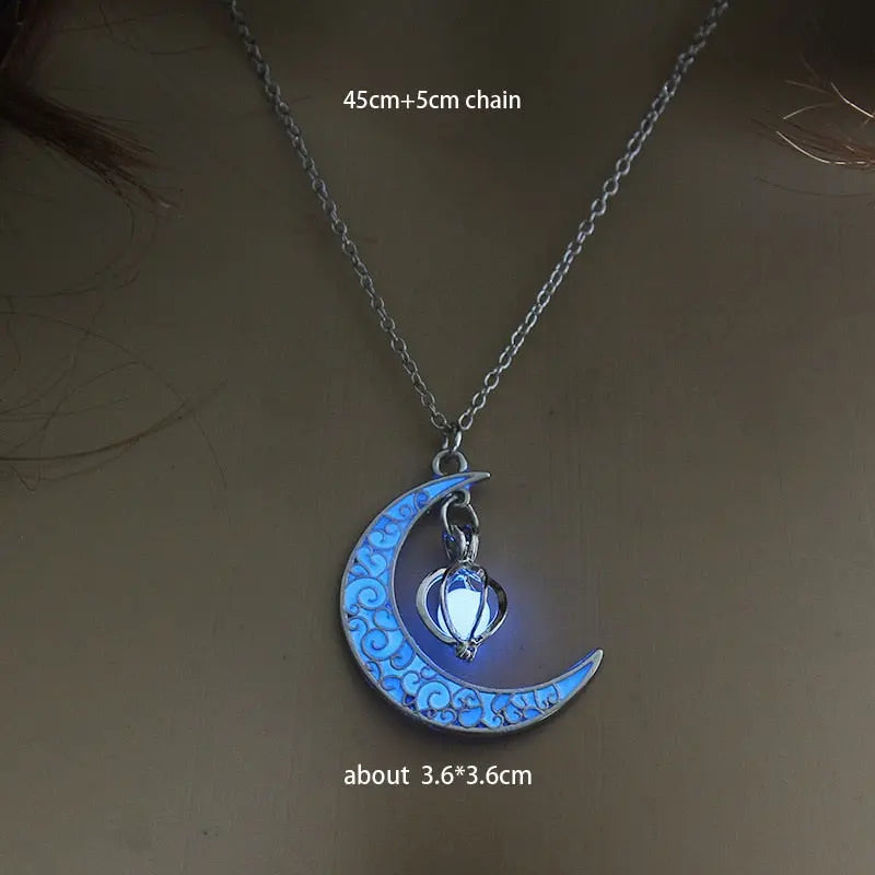 Lunar Light - Glow In the Dark Silver Crescent Moon Necklace with Glowing Lamp Charm