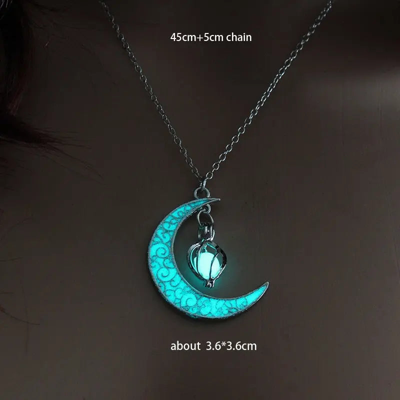 Lunar Light - Glow In the Dark Silver Crescent Moon Necklace with Glowing Lamp Charm