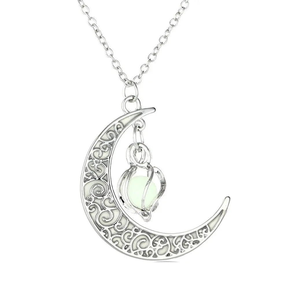 Lunar Light - Glow In the Dark Silver Crescent Moon Necklace with Glowing Lamp Charm