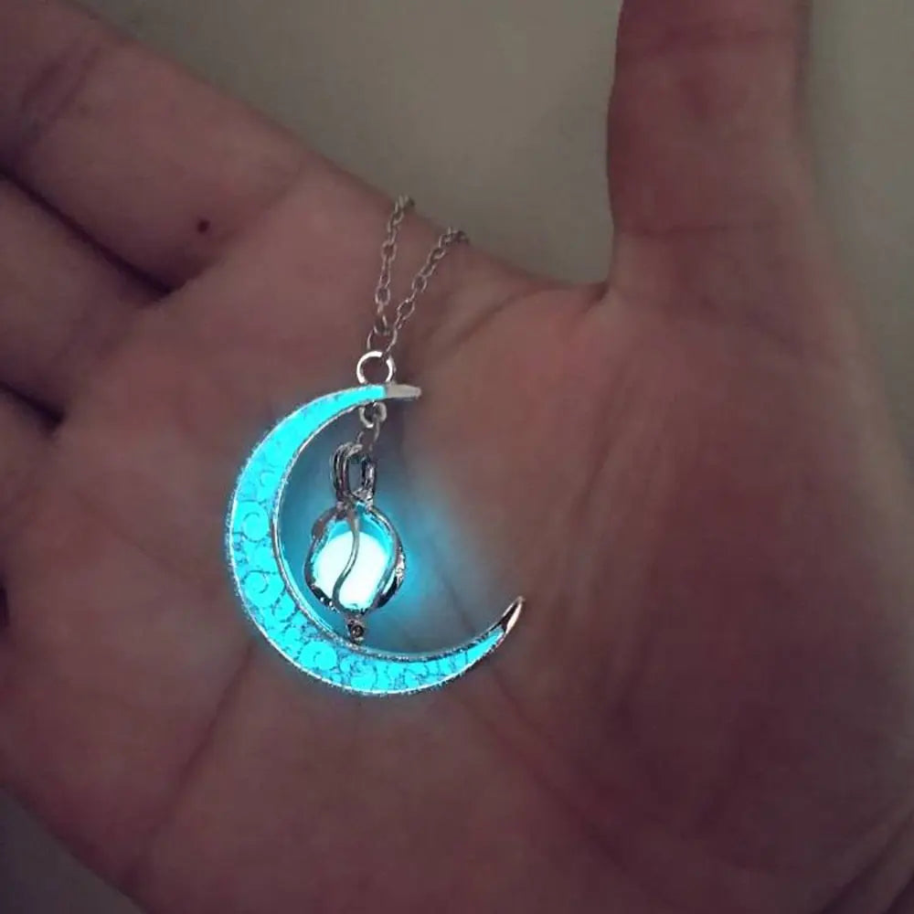 Lunar Light - Glow In the Dark Silver Crescent Moon Necklace with Glowing Lamp Charm