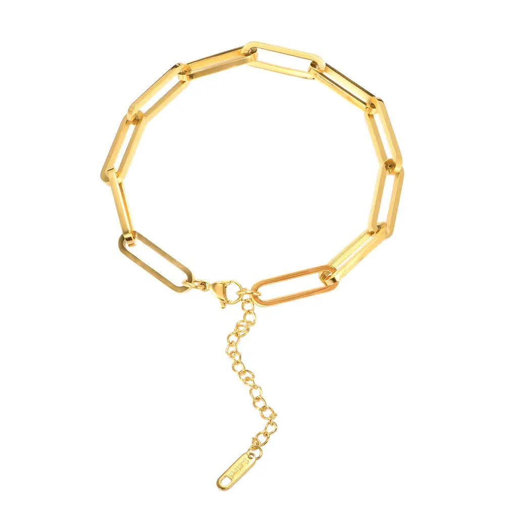 Paper Clip Shaped Chain Bracelet - Adjustable Gold Plated Minimal Stainless Steel Rectangle Chain Link Bracelet