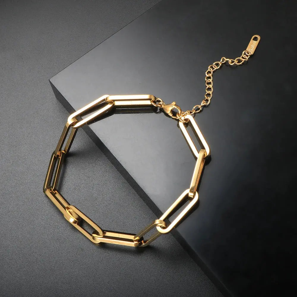 Paper Clip Shaped Chain Bracelet - Adjustable Gold Plated Minimal Stainless Steel Rectangle Chain Link Bracelet