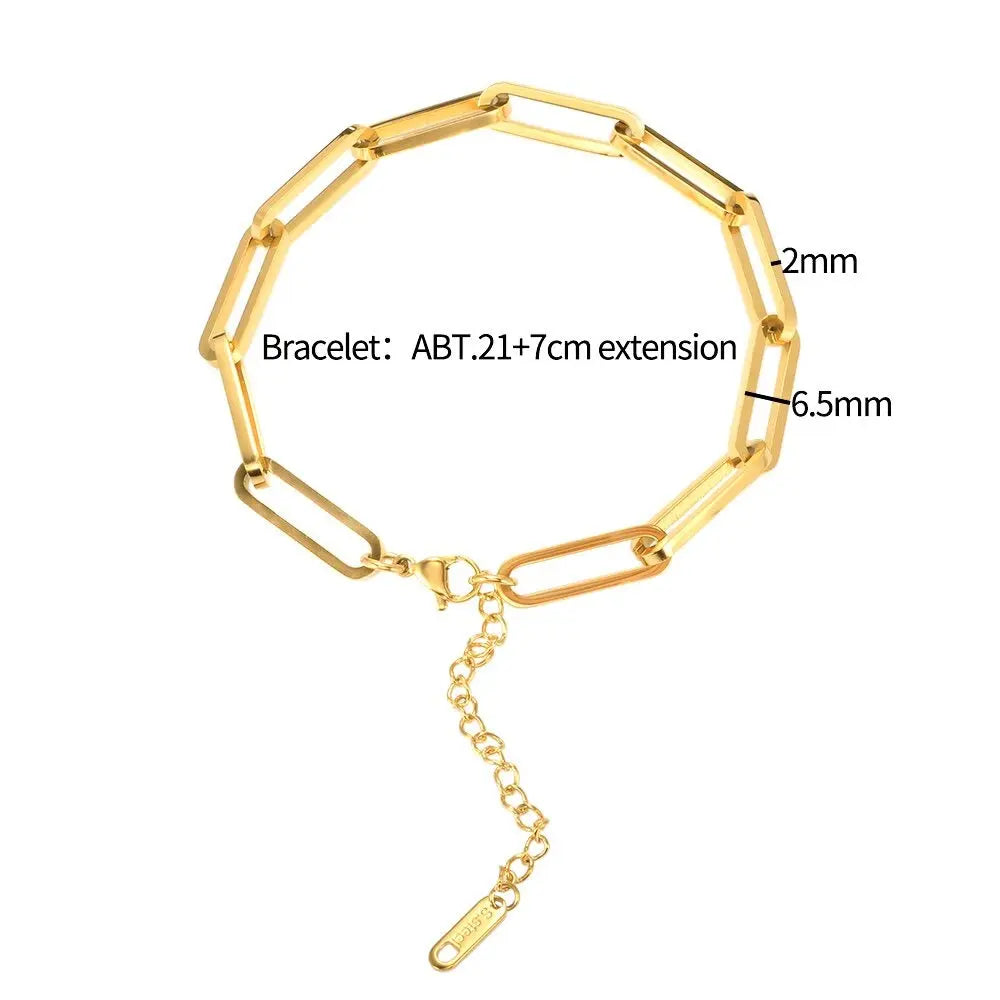 Paper Clip Shaped Chain Bracelet - Adjustable Gold Plated Minimal Stainless Steel Rectangle Chain Link Bracelet