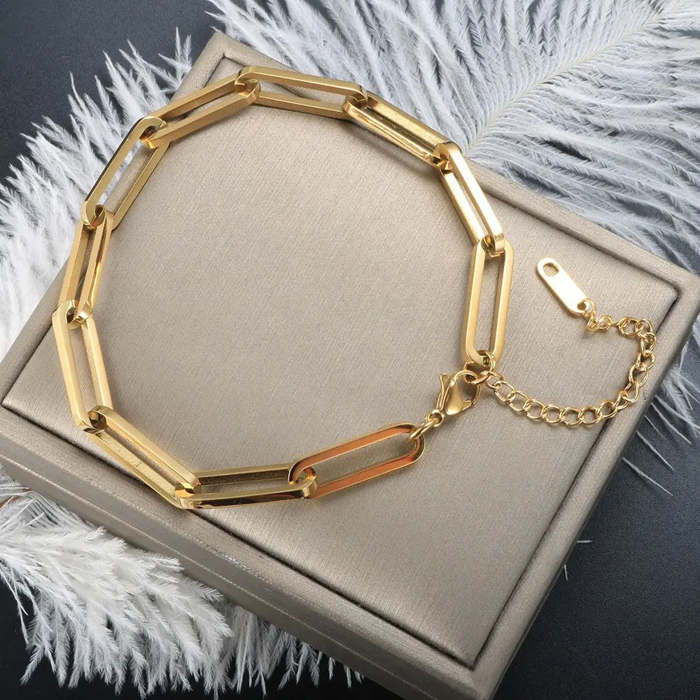 Paper Clip Shaped Chain Bracelet - Adjustable Gold Plated Minimal Stainless Steel Rectangle Chain Link Bracelet