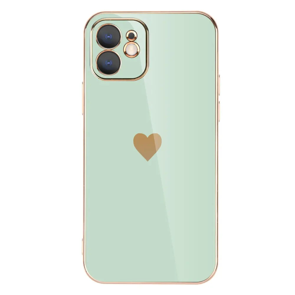 Pastel Phone Case with Gold Heart - Solid Plating Phone Case, Shiny iPhone Case with Gold Heart