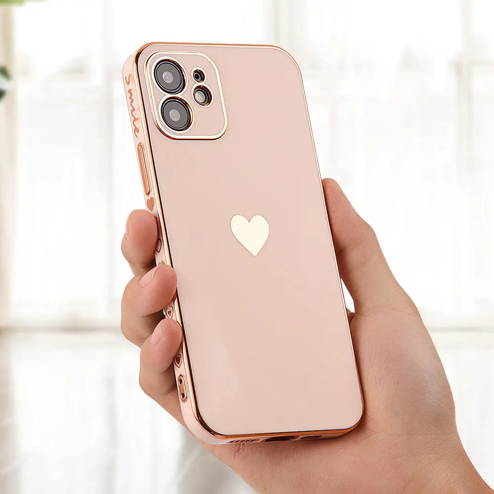 Pastel Phone Case with Gold Heart - Solid Plating Phone Case, Shiny iPhone Case with Gold Heart