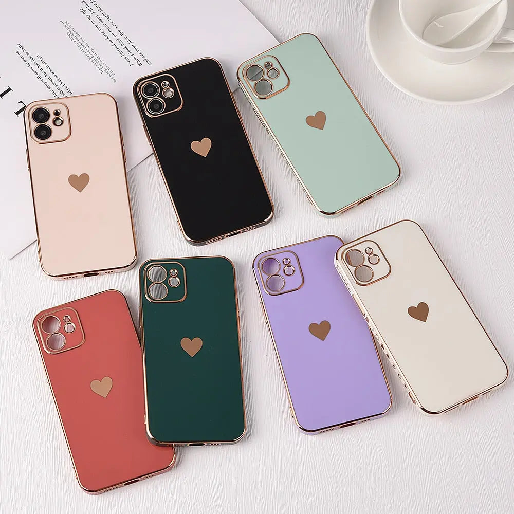 Pastel Phone Case with Gold Heart - Solid Plating Phone Case, Shiny iPhone Case with Gold Heart