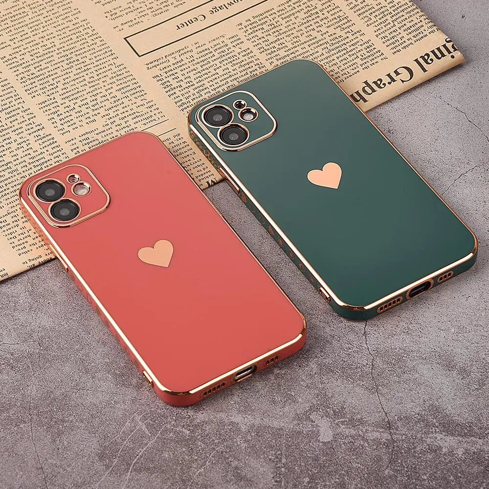Pastel Phone Case with Gold Heart - Solid Plating Phone Case, Shiny iPhone Case with Gold Heart