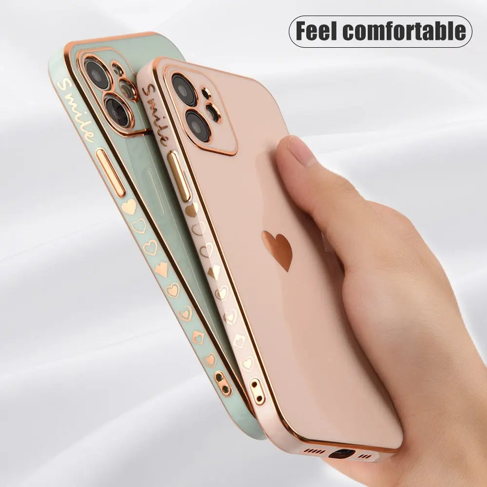 Pastel Phone Case with Gold Heart - Solid Plating Phone Case, Shiny iPhone Case with Gold Heart