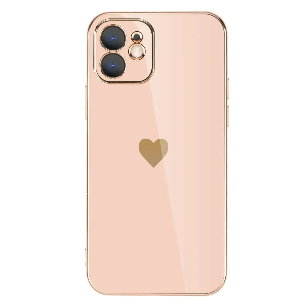 Pastel Phone Case with Gold Heart - Solid Plating Phone Case, Shiny iPhone Case with Gold Heart