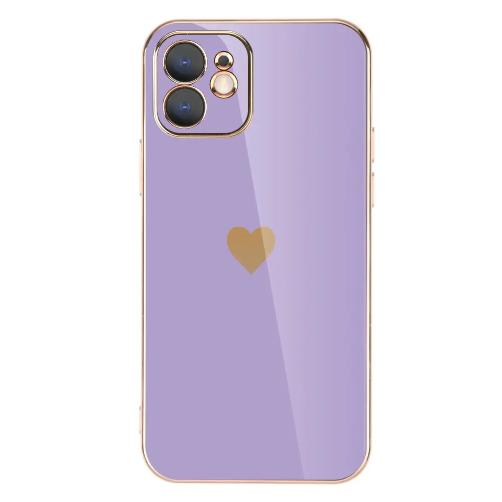 Pastel Phone Case with Gold Heart - Solid Plating Phone Case, Shiny iPhone Case with Gold Heart