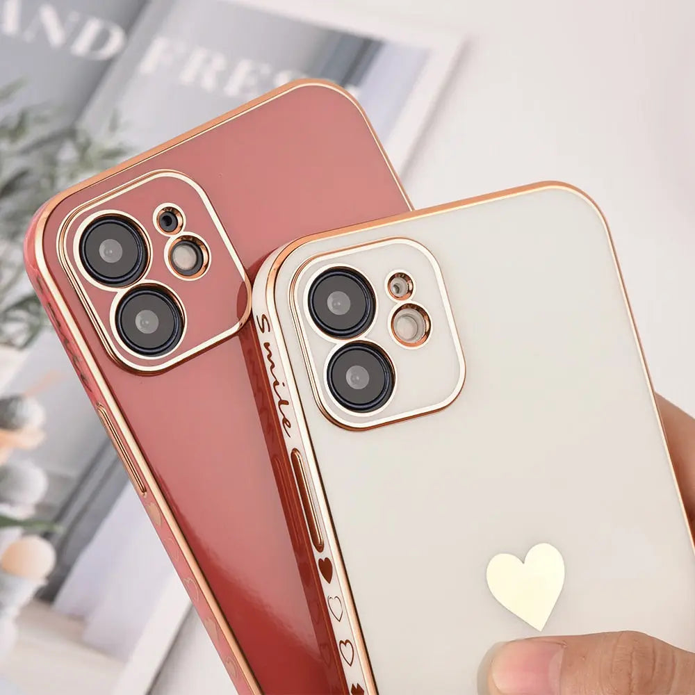 Pastel Phone Case with Gold Heart - Solid Plating Phone Case, Shiny iPhone Case with Gold Heart