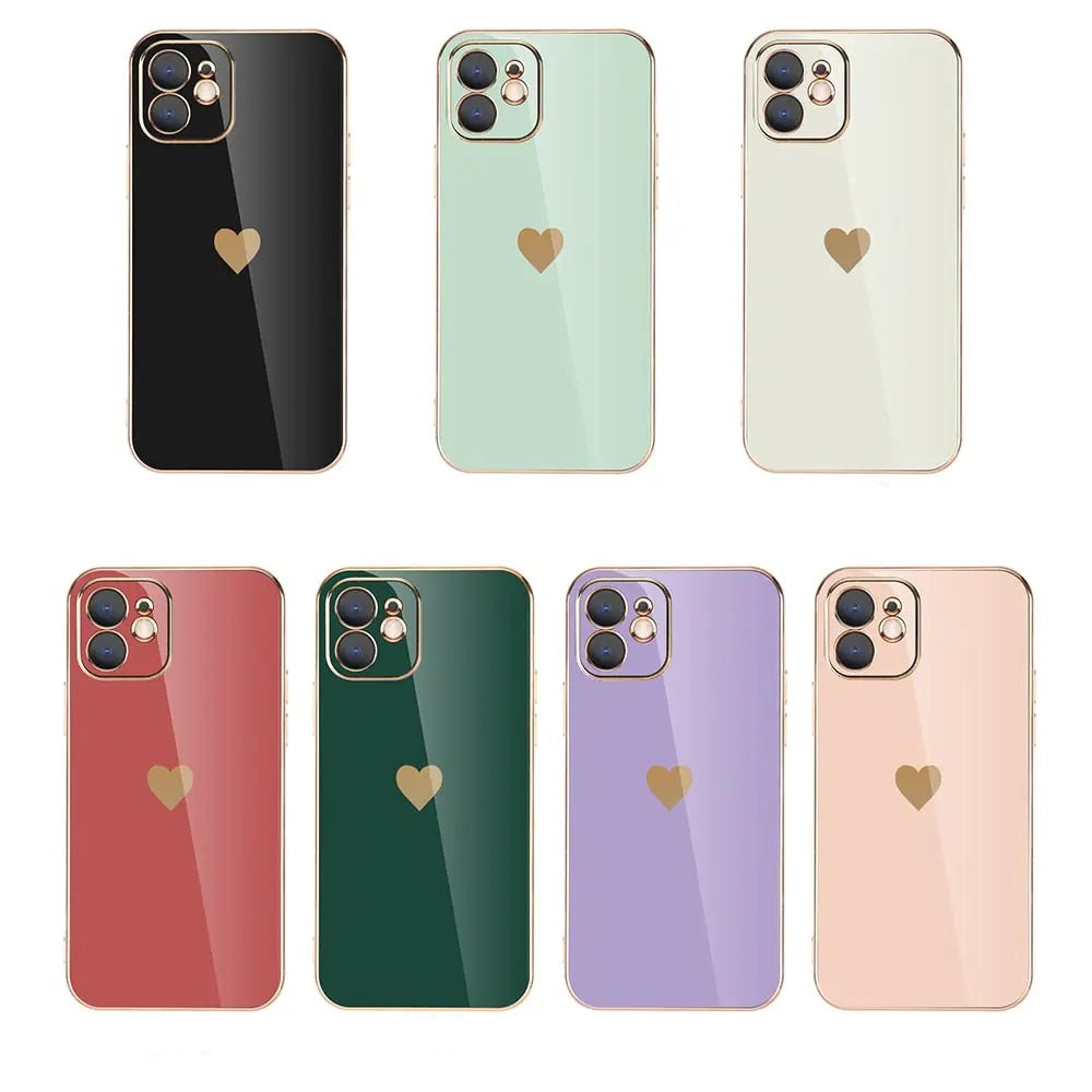 Pastel Phone Case with Gold Heart - Solid Plating Phone Case, Shiny iPhone Case with Gold Heart