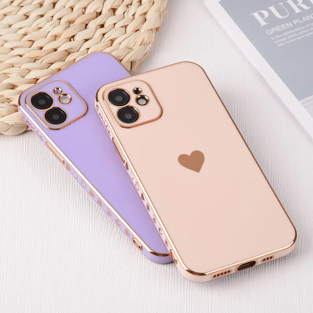 Pastel Phone Case with Gold Heart - Solid Plating Phone Case, Shiny iPhone Case with Gold Heart