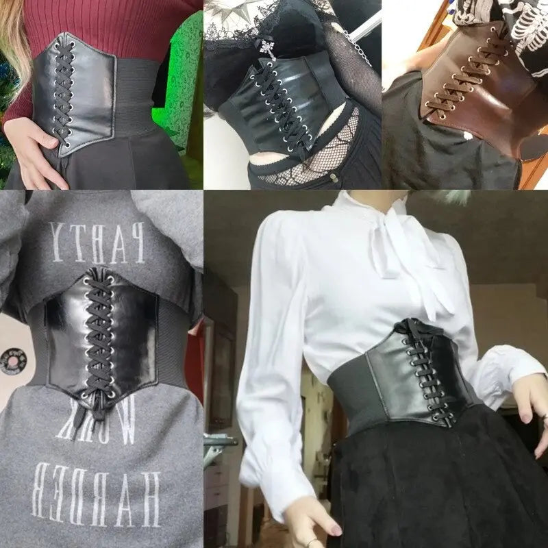 Shaping Elastic Corset - Adjustable Wide PU Leather Waist Band with Lace