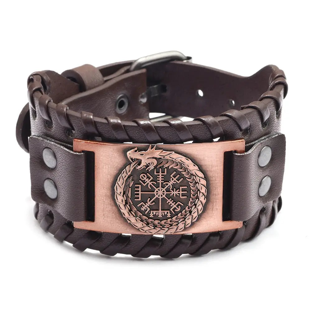 World Serpent Bracer Leather Ouroboros Bracelet - Large Viking Cuff Bracelet for Men