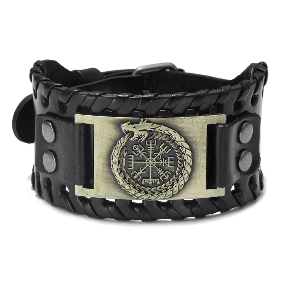 World Serpent Bracer Leather Ouroboros Bracelet - Large Viking Cuff Bracelet for Men