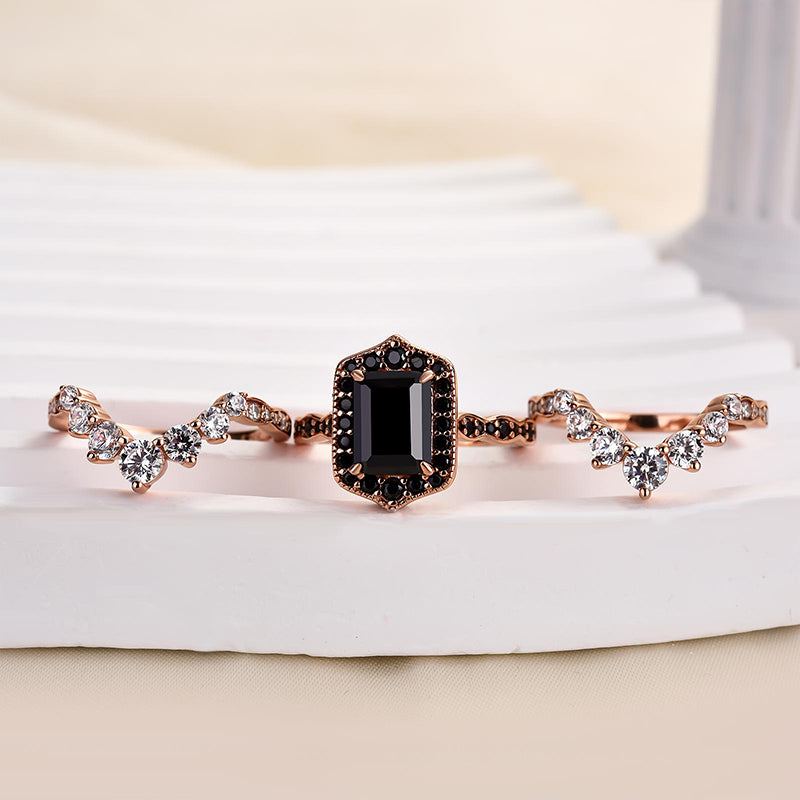 Louily Unique Rose Gold Radiant Cut 3PC Wedding Set