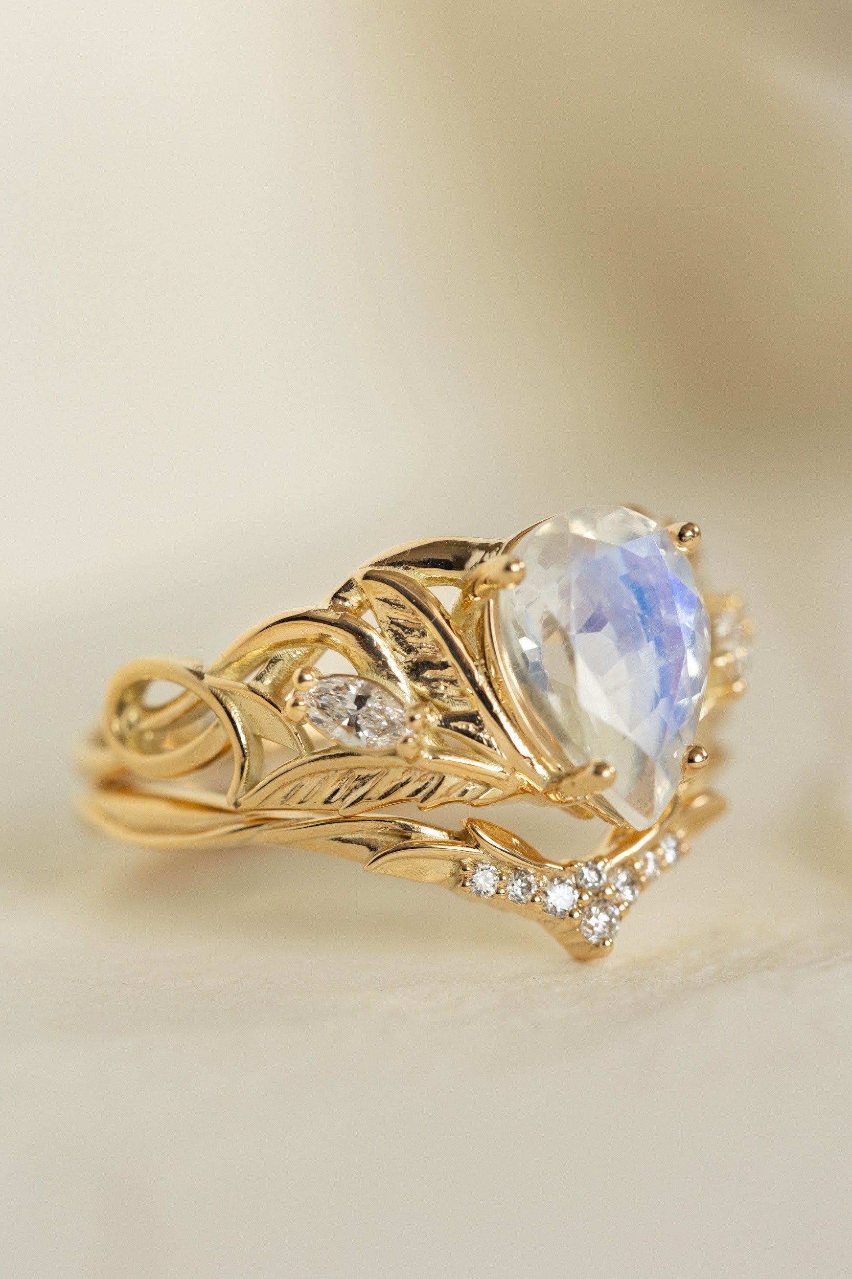 Mythology inspired engagement ring set with moonstone, big pear cut gemstone bridal ring set / Ikar