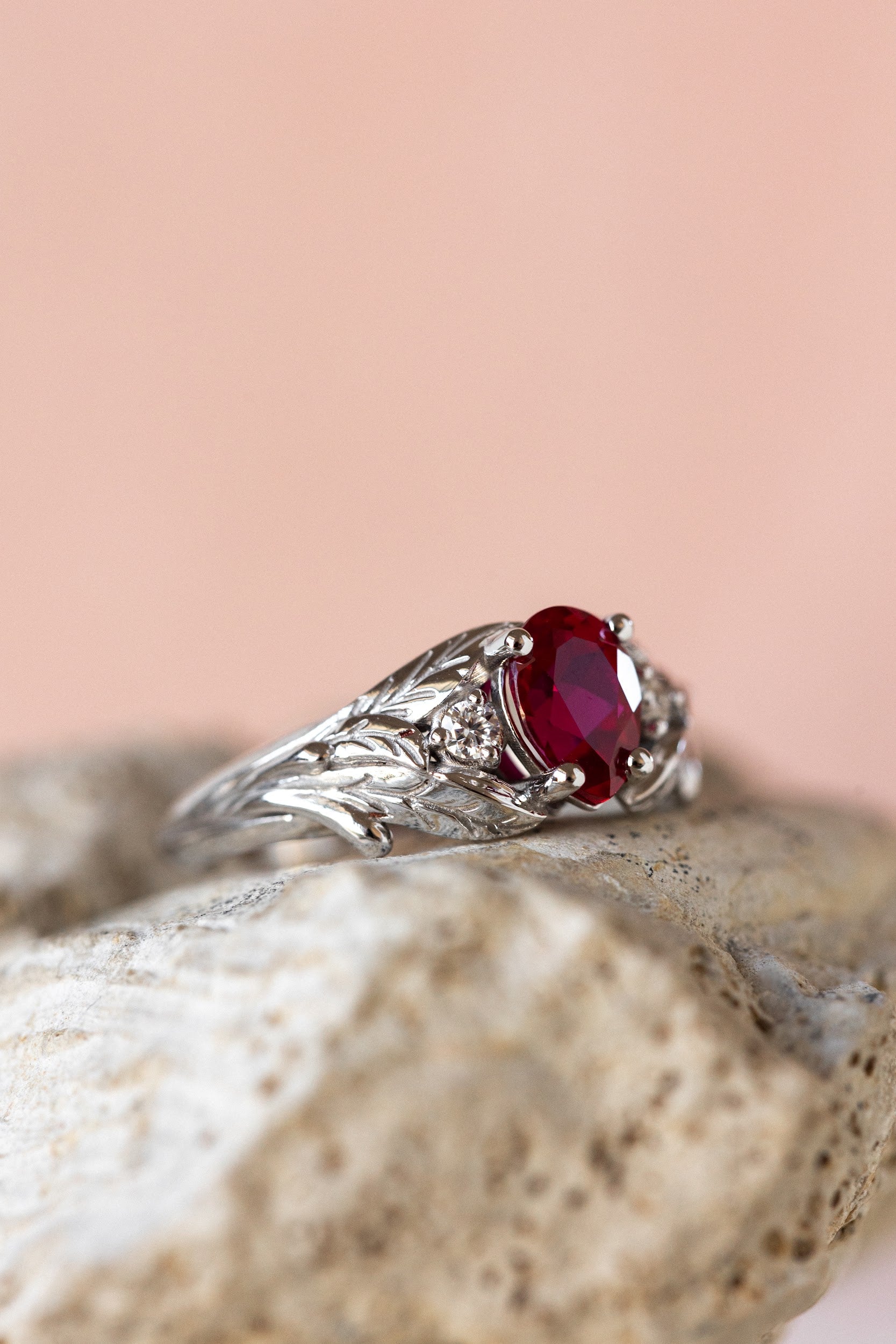 Lab ruby engagement ring, nature inspired ring with accent diamonds / Wisteria