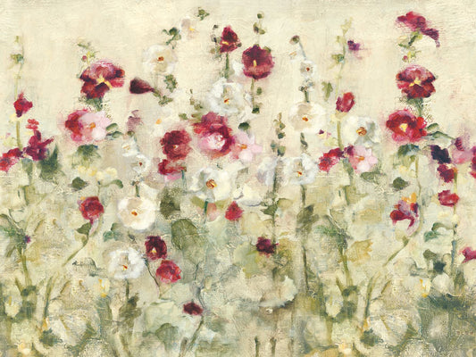 Hollyhocks Row Cool by Cheri Blum is a colorful and painterly floral garden painting printed on canvas or framed canvas