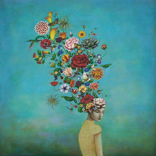 A Mindful Garden by Duy Huynh is a magical and symbolic figure painting printed on canvas or framed canvas