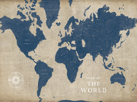 Burlap World Map I Navy