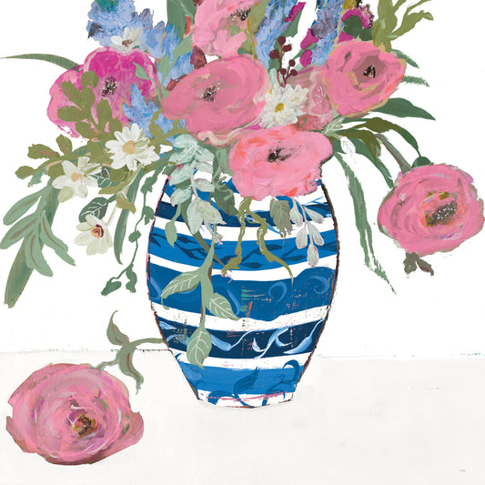 Blue Vase of Pink Roses