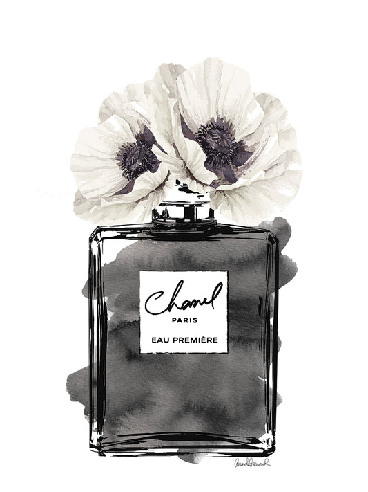 Perfume Bottle, Black With Grey & White Poppy