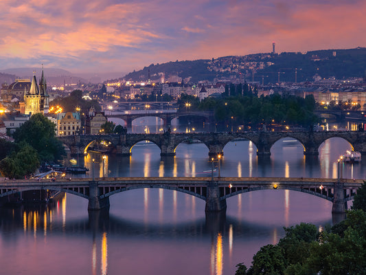 Evening view over the Vltava bridges in Prague