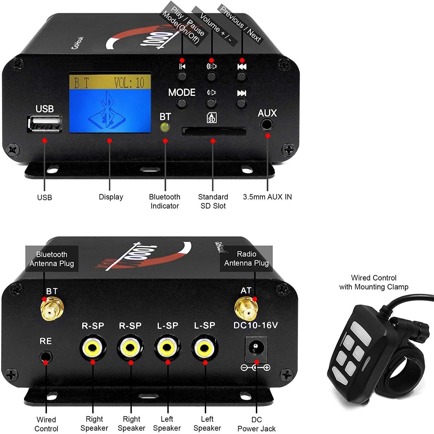 Motorcycle Bluetooth Speaker with 4 Channel 1000W Amplifier